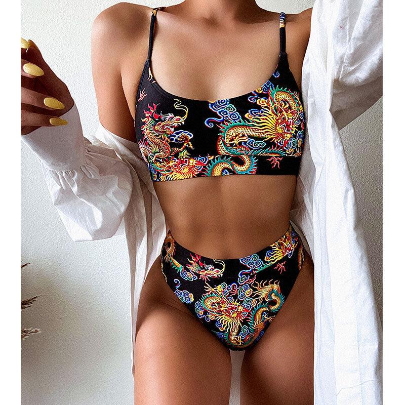 Modern Blue High Waist Bikini Push Up Swimwear Women Dragon Printed Bikini Set Retro Swimsuit Women's High Waist Bikini Swimsuits Twist Push Up Two Piece Bathing Suits Tummy Control Swimwear Stevvex