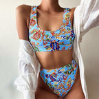 Modern Blue High Waist Bikini Push Up Swimwear Women Dragon Printed Bikini Set Retro Swimsuit Women's High Waist Bikini Swimsuits Twist Push Up Two Piece Bathing Suits Tummy Control Swimwear Stevvex