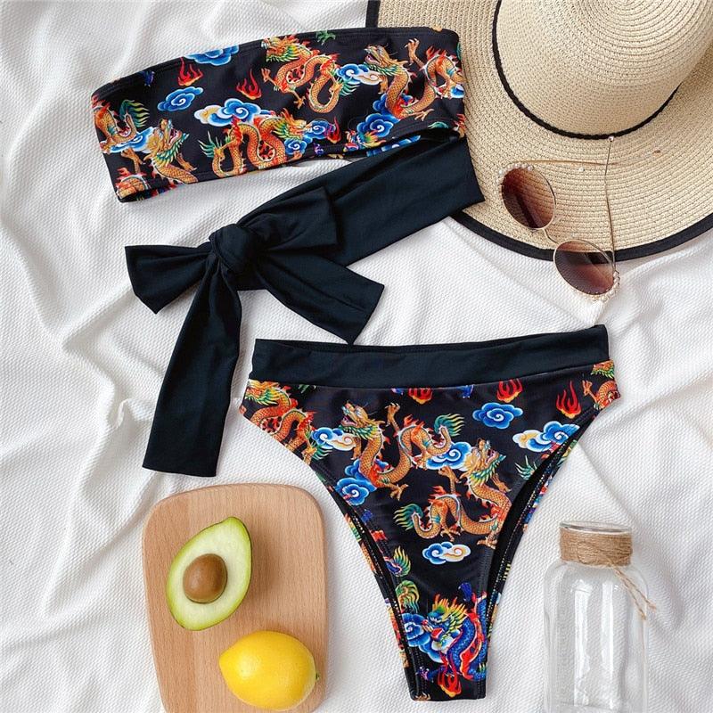 Modern Blue High Waist Bikini Push Up Swimwear Women Dragon Printed Bikini Set Retro Swimsuit Women's High Waist Bikini Swimsuits Twist Push Up Two Piece Bathing Suits Tummy Control Swimwear Stevvex