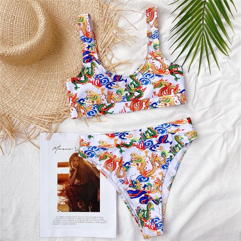 Modern Blue High Waist Bikini Push Up Swimwear Women Dragon Printed Bikini Set Retro Swimsuit Women's High Waist Bikini Swimsuits Twist Push Up Two Piece Bathing Suits Tummy Control Swimwear Stevvex