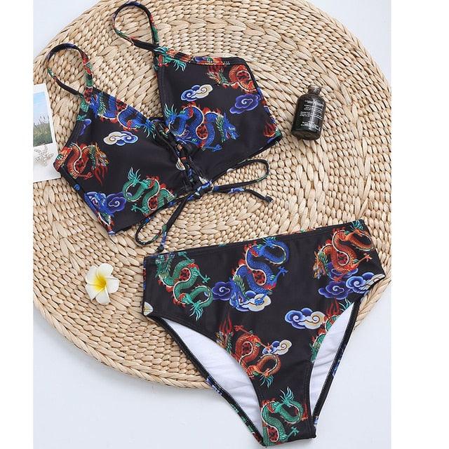 Modern Blue High Waist Bikini Push Up Swimwear Women Dragon Printed Bikini Set Retro Swimsuit Women's High Waist Bikini Swimsuits Twist Push Up Two Piece Bathing Suits Tummy Control Swimwear Stevvex