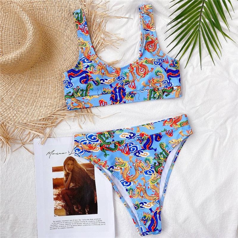 Modern Blue High Waist Bikini Push Up Swimwear Women Dragon Printed Bikini Set Retro Swimsuit Women's High Waist Bikini Swimsuits Twist Push Up Two Piece Bathing Suits Tummy Control Swimwear Stevvex