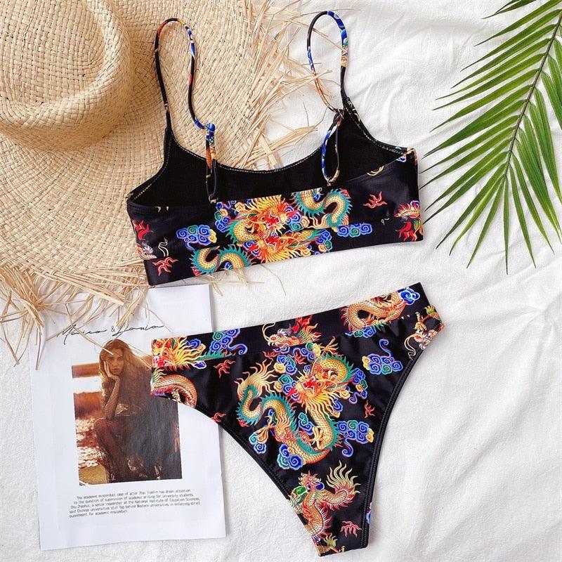 Modern Blue High Waist Bikini Push Up Swimwear Women Dragon Printed Bikini Set Retro Swimsuit Women's High Waist Bikini Swimsuits Twist Push Up Two Piece Bathing Suits Tummy Control Swimwear Stevvex