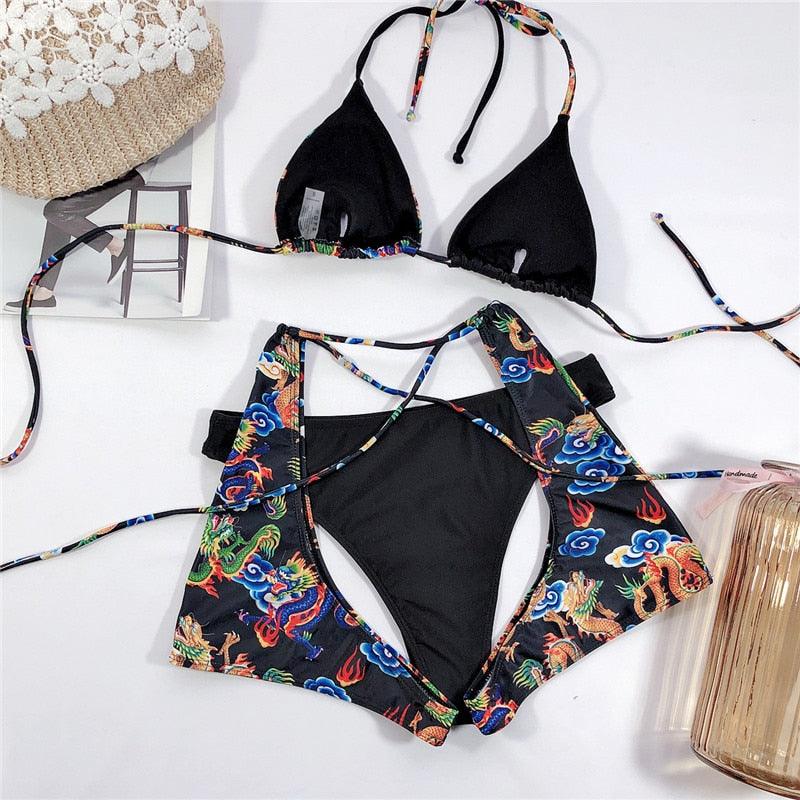 Modern Blue High Waist Bikini Push Up Swimwear Women Dragon Printed Bikini Set Retro Swimsuit Women's High Waist Bikini Swimsuits Twist Push Up Two Piece Bathing Suits Tummy Control Swimwear Stevvex