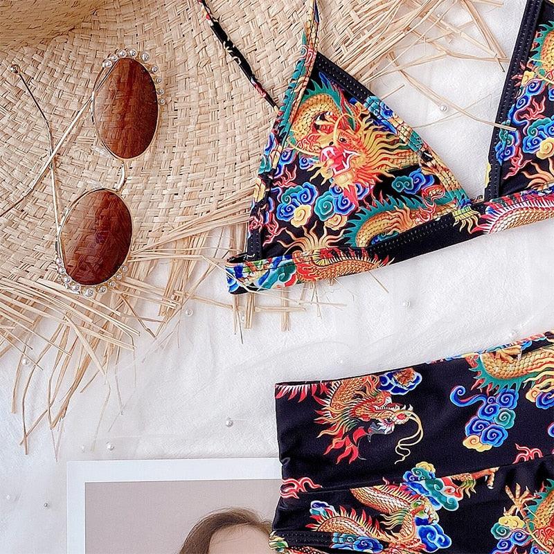 Modern Blue High Waist Bikini Push Up Swimwear Women Dragon Printed Bikini Set Retro Swimsuit Women's High Waist Bikini Swimsuits Twist Push Up Two Piece Bathing Suits Tummy Control Swimwear Stevvex