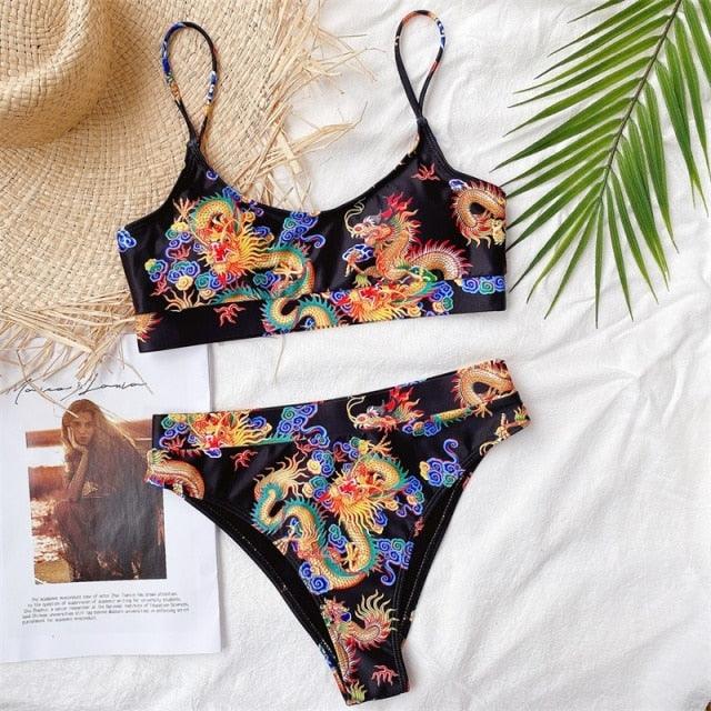 Modern Blue High Waist Bikini Push Up Swimwear Women Dragon Printed Bikini Set Retro Swimsuit Women's High Waist Bikini Swimsuits Twist Push Up Two Piece Bathing Suits Tummy Control Swimwear Stevvex
