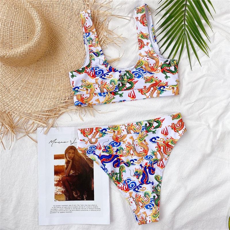 Modern Blue High Waist Bikini Push Up Swimwear Women Dragon Printed Bikini Set Retro Swimsuit Women's High Waist Bikini Swimsuits Twist Push Up Two Piece Bathing Suits Tummy Control Swimwear Stevvex