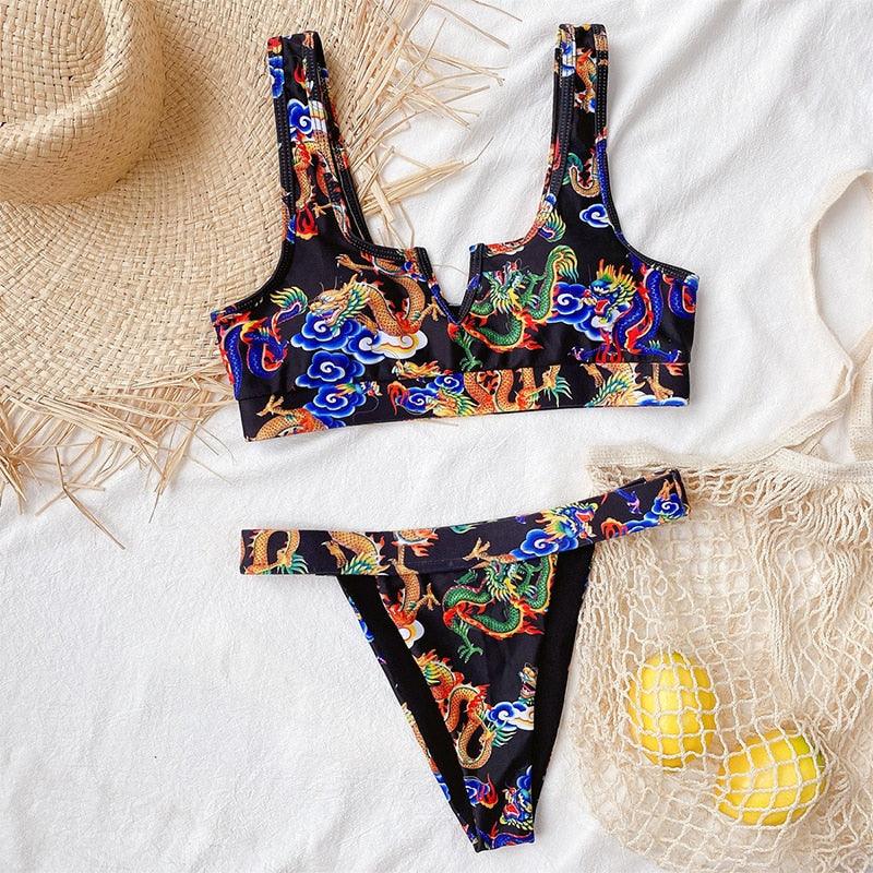 Modern Blue High Waist Bikini Push Up Swimwear Women Dragon Printed Bikini Set Retro Swimsuit Women's High Waist Bikini Swimsuits Twist Push Up Two Piece Bathing Suits Tummy Control Swimwear Stevvex