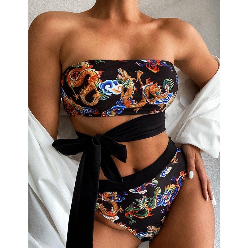 Modern Blue High Waist Bikini Push Up Swimwear Women Dragon Printed Bikini Set Retro Swimsuit Women's High Waist Bikini Swimsuits Twist Push Up Two Piece Bathing Suits Tummy Control Swimwear Stevvex