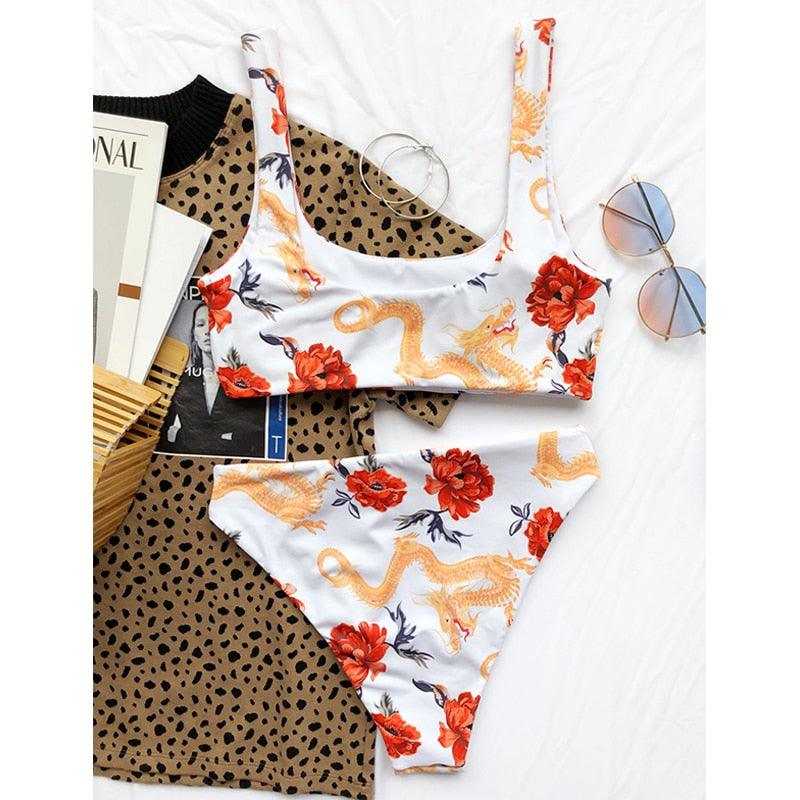 Modern Blue High Waist Bikini Push Up Swimwear Women Dragon Printed Bikini Set Retro Swimsuit Women's High Waist Bikini Swimsuits Twist Push Up Two Piece Bathing Suits Tummy Control Swimwear Stevvex