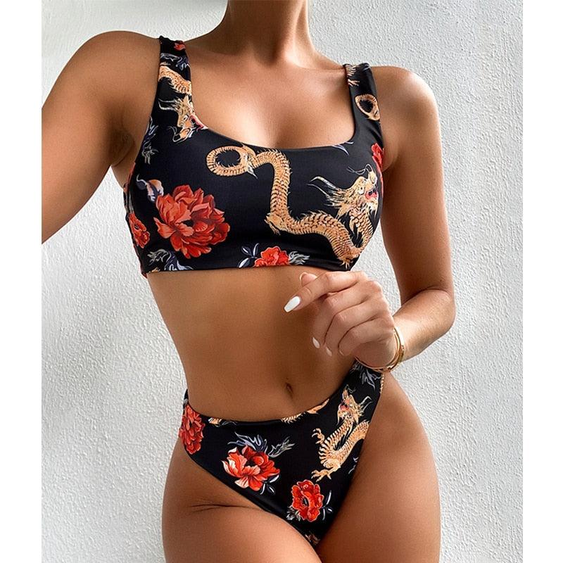 Modern Blue High Waist Bikini Push Up Swimwear Women Dragon Printed Bikini Set Retro Swimsuit Women's High Waist Bikini Swimsuits Twist Push Up Two Piece Bathing Suits Tummy Control Swimwear Stevvex