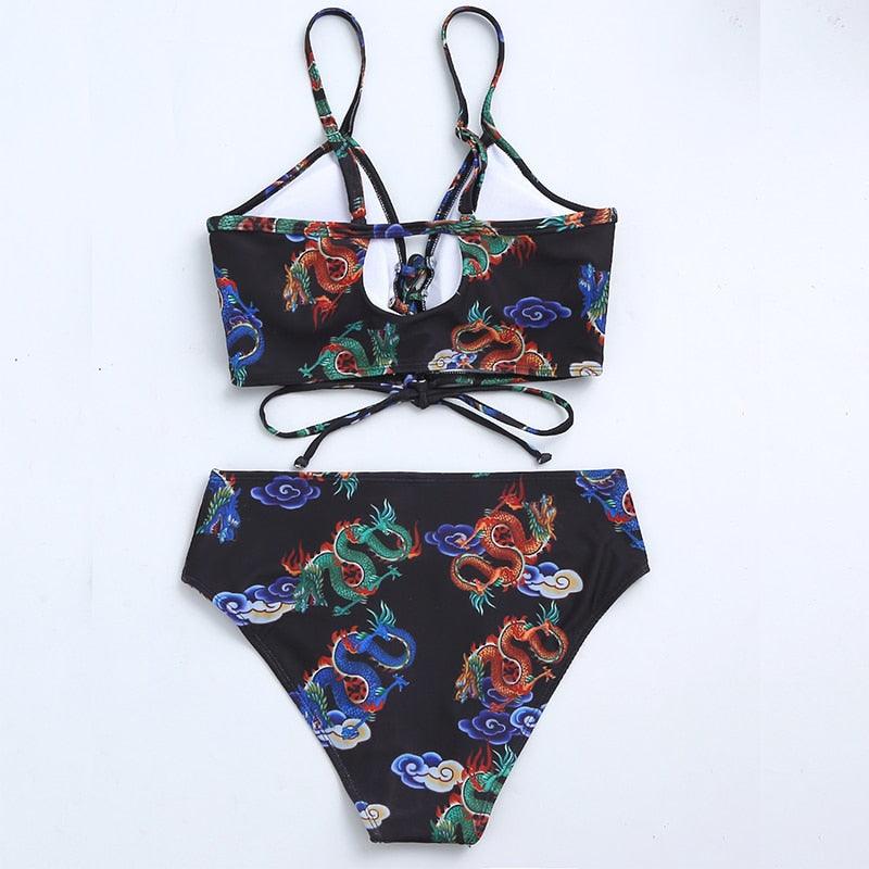 Modern Blue High Waist Bikini Push Up Swimwear Women Dragon Printed Bikini Set Retro Swimsuit Women's High Waist Bikini Swimsuits Twist Push Up Two Piece Bathing Suits Tummy Control Swimwear Stevvex