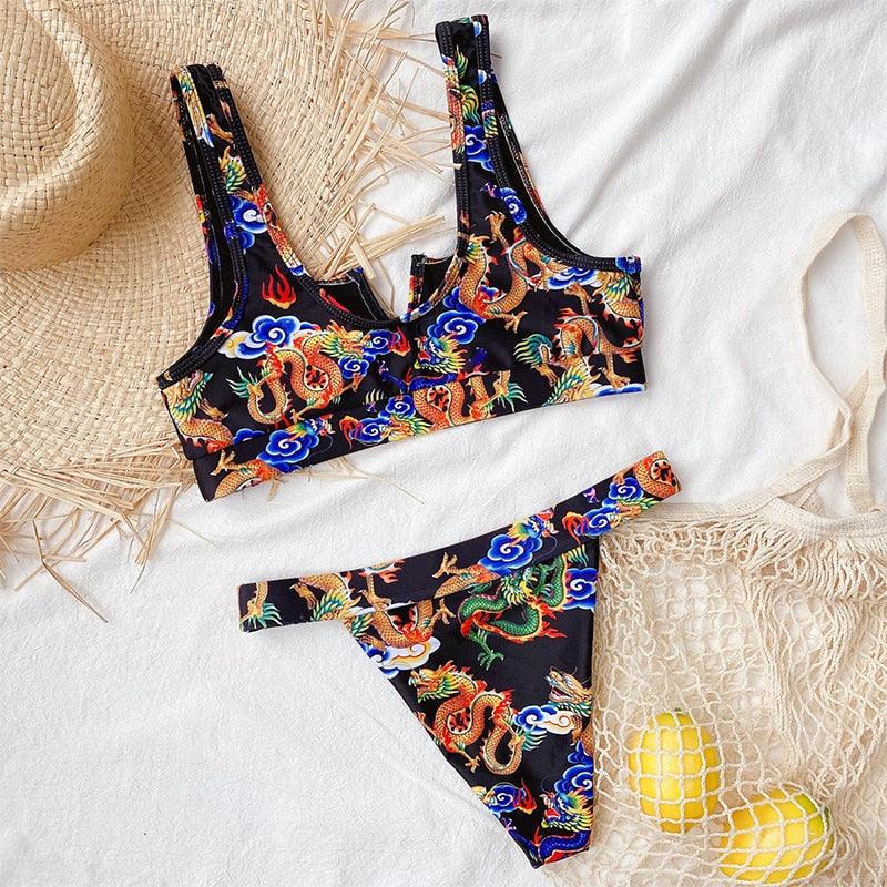 Modern Blue High Waist Bikini Push Up Swimwear Women Dragon Printed Bikini Set Retro Swimsuit Women's High Waist Bikini Swimsuits Twist Push Up Two Piece Bathing Suits Tummy Control Swimwear Stevvex