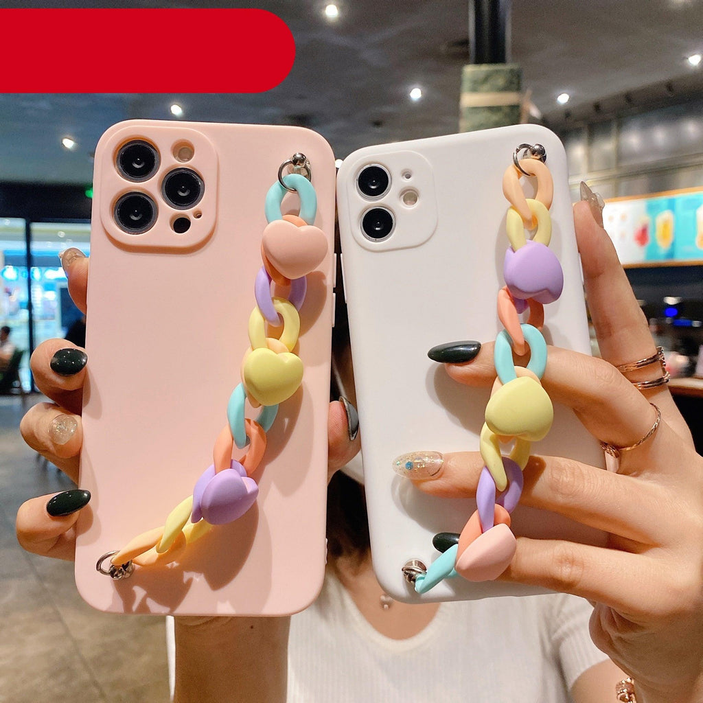 Modern Colorful Bracelet Phone Case For iPhone 11 12 13 Pro Max X XS XR 6 7 8 Plus 12 Mini Colorful Heart-Shaped Chain Silicone Cute Heart Chain Back Cover for iPhone 12 Pro Max Soft Silicone Back Cover Stevvex