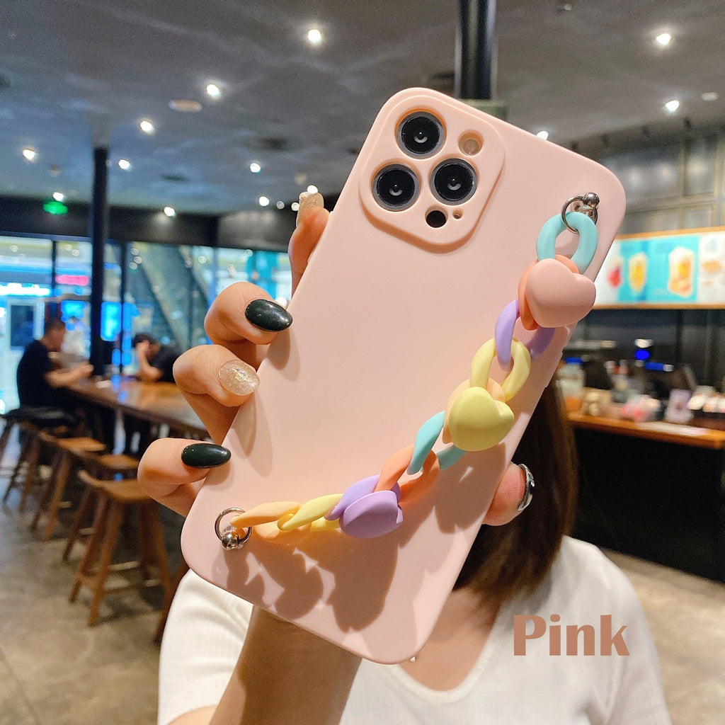 Modern Colorful Bracelet Phone Case For iPhone 11 12 13 Pro Max X XS XR 6 7 8 Plus 12 Mini Colorful Heart-Shaped Chain Silicone Cute Heart Chain Back Cover for iPhone 12 Pro Max Soft Silicone Back Cover Stevvex
