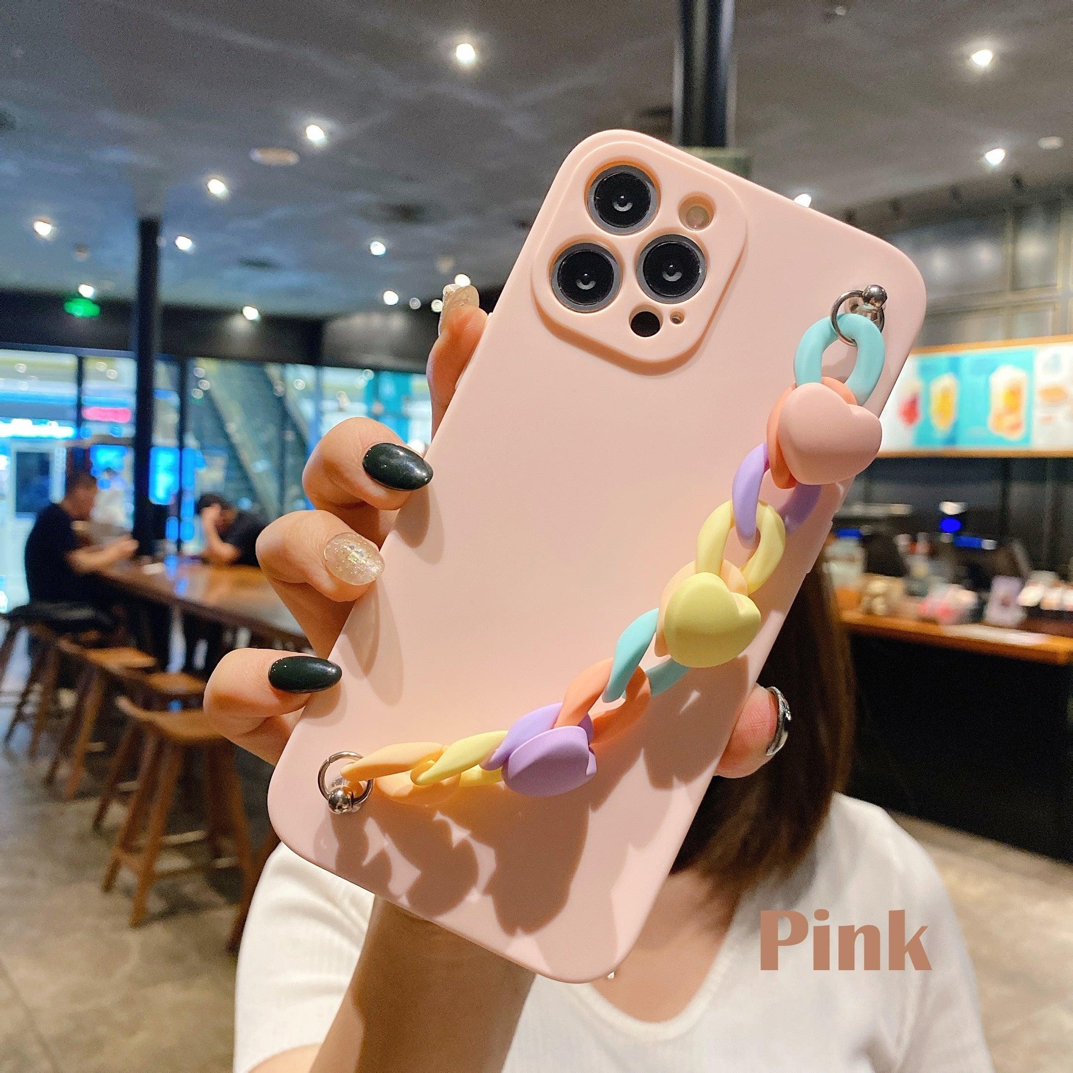 Modern Colorful Bracelet Phone Case For iPhone 11 12 13 Pro Max X XS XR 6 7 8 Plus 12 Mini Colorful Heart-Shaped Chain Silicone Cute Heart Chain Back Cover for iPhone 12 Pro Max Soft Silicone Back Cover Stevvex