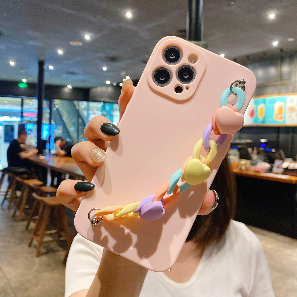 Modern Colorful Bracelet Phone Case For iPhone 11 12 13 Pro Max X XS XR 6 7 8 Plus 12 Mini Colorful Heart-Shaped Chain Silicone Cute Heart Chain Back Cover for iPhone 12 Pro Max Soft Silicone Back Cover Stevvex