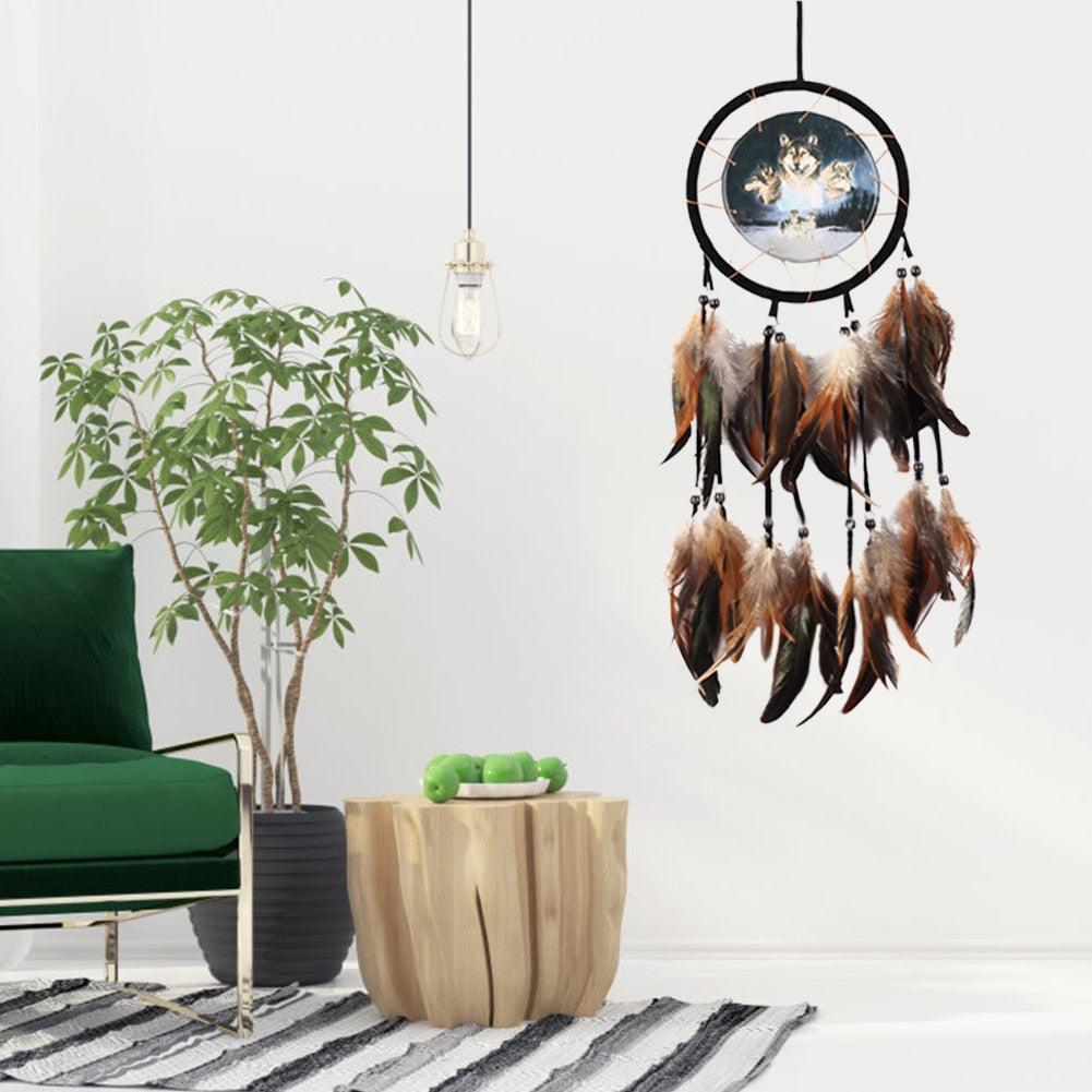 Modern Dream Catcher Wolf Totem Car Hanging Ornaments Pendant Wolf Decor Traditional Feather Wind Chimes Handmade For Bedroom Wall Hanging Home Decorations Crafts Stevvex