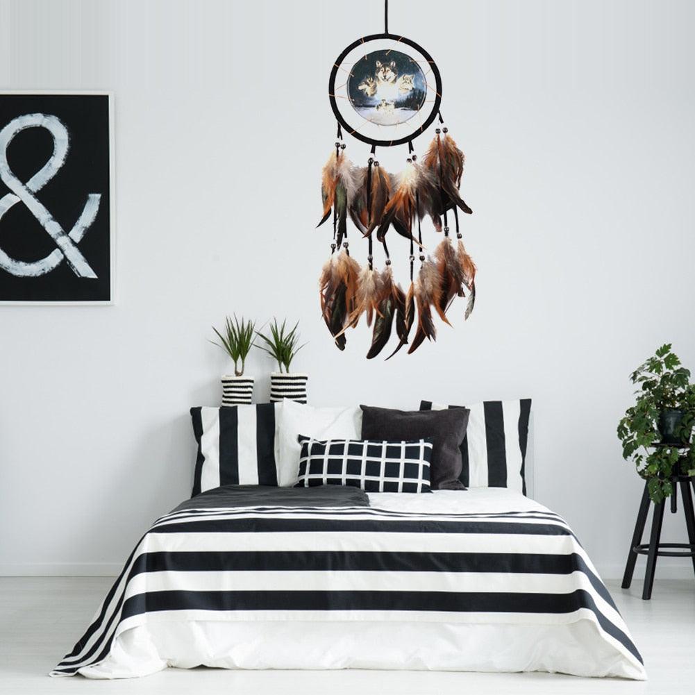 Modern Dream Catcher Wolf Totem Car Hanging Ornaments Pendant Wolf Decor Traditional Feather Wind Chimes Handmade For Bedroom Wall Hanging Home Decorations Crafts Stevvex