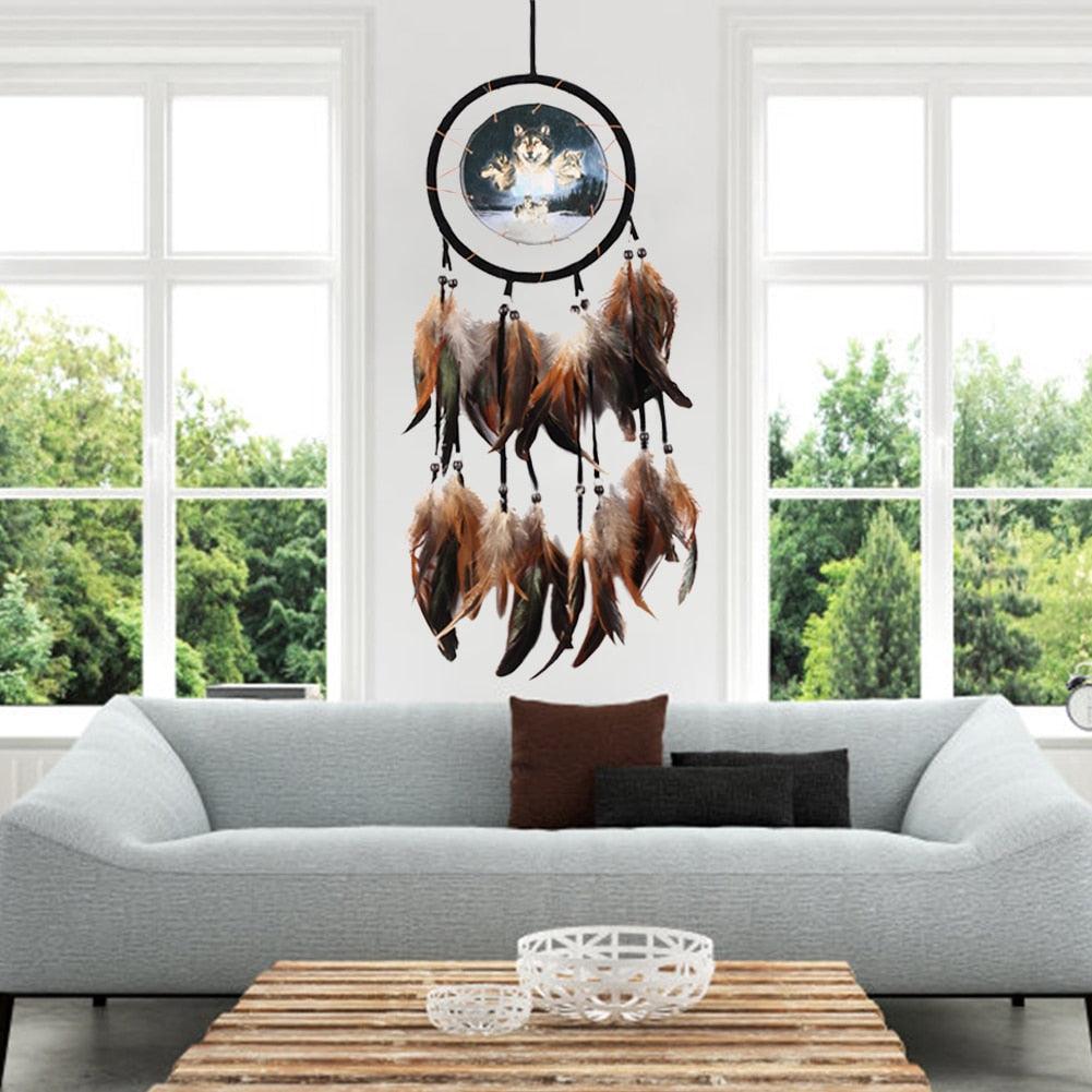 Modern Dream Catcher Wolf Totem Car Hanging Ornaments Pendant Wolf Decor Traditional Feather Wind Chimes Handmade For Bedroom Wall Hanging Home Decorations Crafts Stevvex
