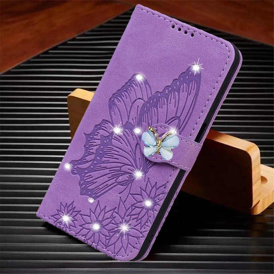 Modern Glitter Leather Flip Wallet Phone Case For iPhone 14 13 12 Pro Max 11 Shiny Green Butterfly Cover Glitter Flip Case Mobile Phone Case PU Leather Magnetic Case Stevvex