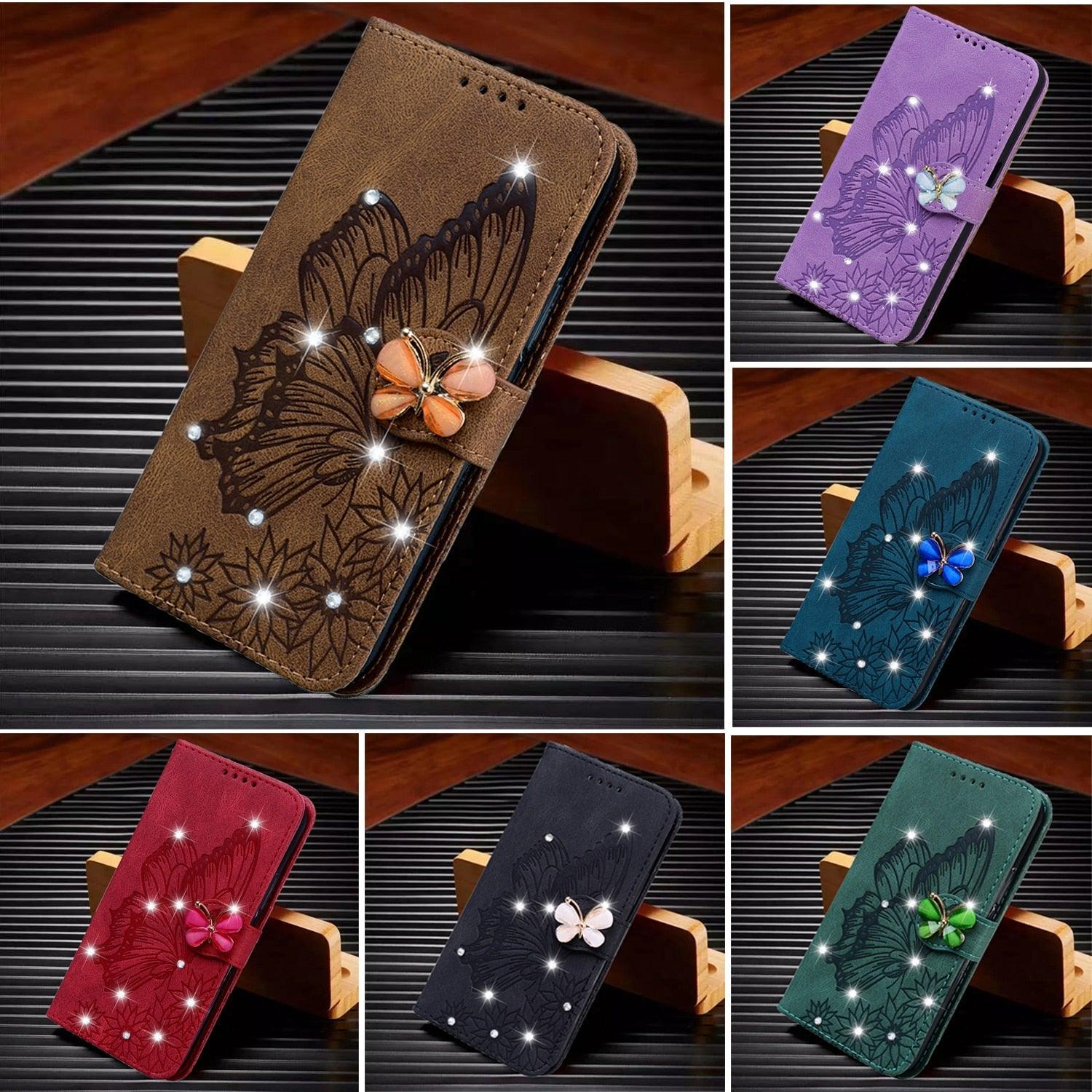 Modern Glitter Leather Flip Wallet Phone Case For iPhone 14 13 12 Pro Max 11 Shiny Green Butterfly Cover Glitter Flip Case Mobile Phone Case PU Leather Magnetic Case Stevvex