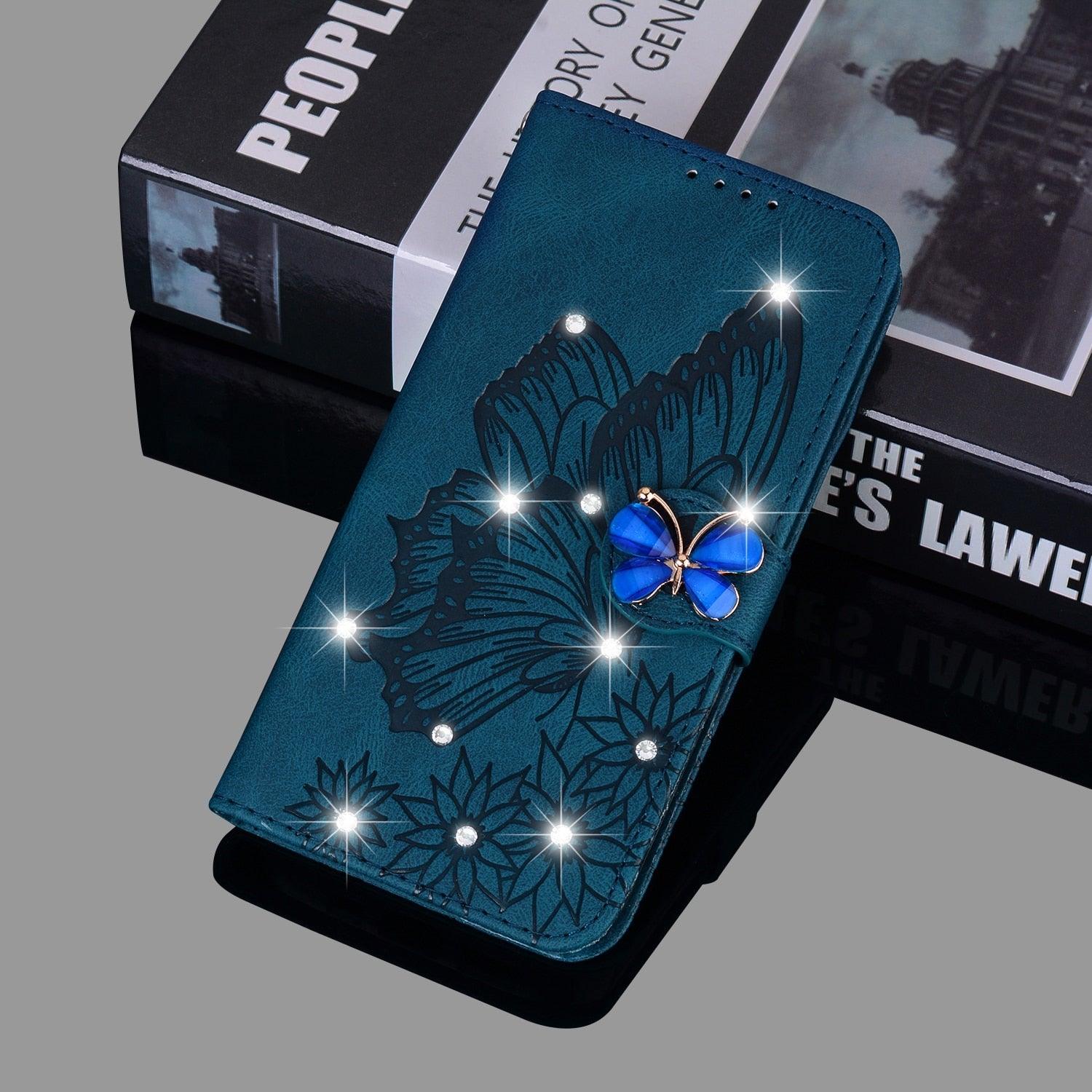 Modern Glitter Leather Flip Wallet Phone Case For iPhone 14 13 12 Pro Max 11 Shiny Green Butterfly Cover Glitter Flip Case Mobile Phone Case PU Leather Magnetic Case Stevvex