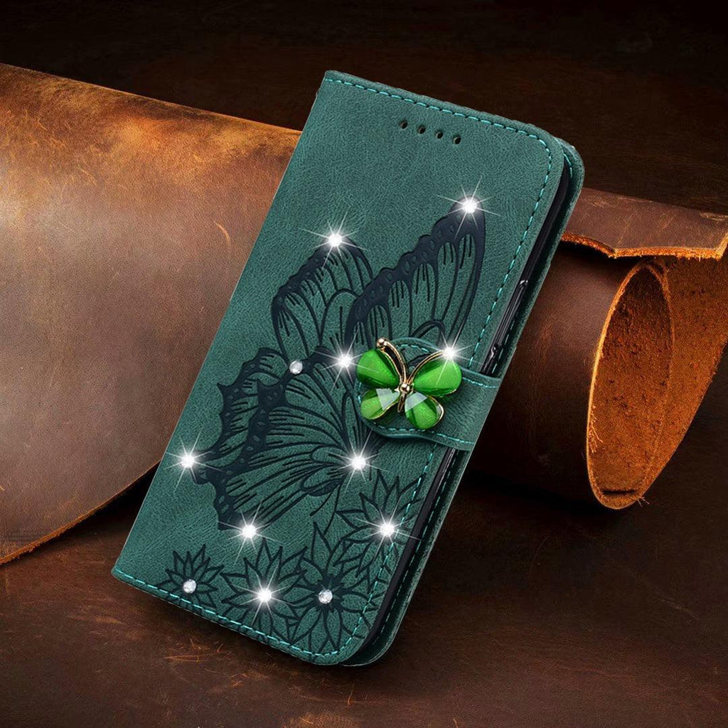 Modern Glitter Leather Flip Wallet Phone Case For iPhone 14 13 12 Pro Max 11 Shiny Green Butterfly Cover Glitter Flip Case Mobile Phone Case PU Leather Magnetic Case Stevvex