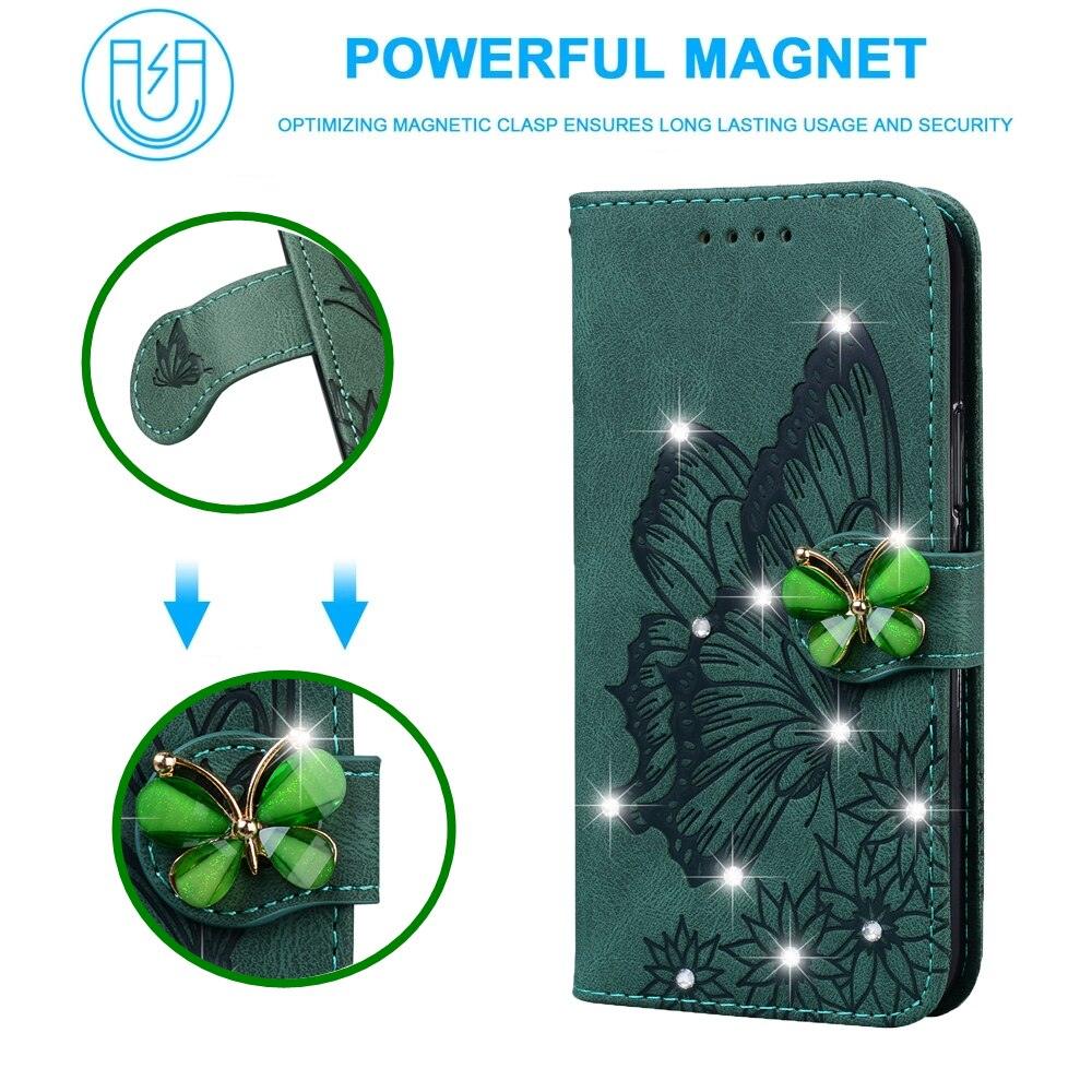 Modern Glitter Leather Flip Wallet Phone Case For iPhone 14 13 12 Pro Max 11 Shiny Green Butterfly Cover Glitter Flip Case Mobile Phone Case PU Leather Magnetic Case Stevvex