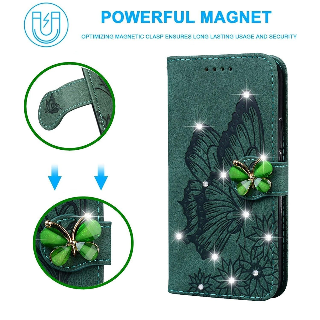 Modern Glitter Leather Flip Wallet Phone Case For iPhone 14 13 12 Pro Max 11 Shiny Green Butterfly Cover Glitter Flip Case Mobile Phone Case PU Leather Magnetic Case Stevvex