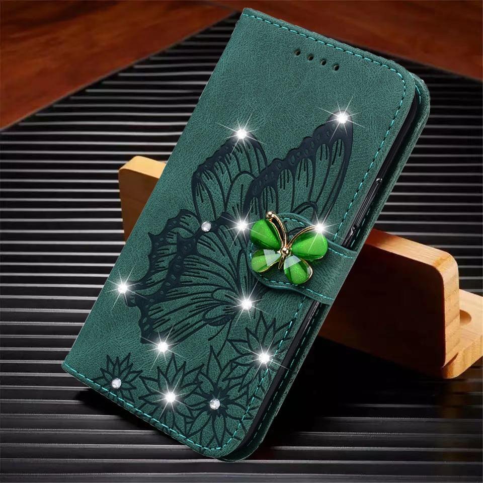 Modern Glitter Leather Flip Wallet Phone Case For iPhone 14 13 12 Pro Max 11 Shiny Green Butterfly Cover Glitter Flip Case Mobile Phone Case PU Leather Magnetic Case Stevvex