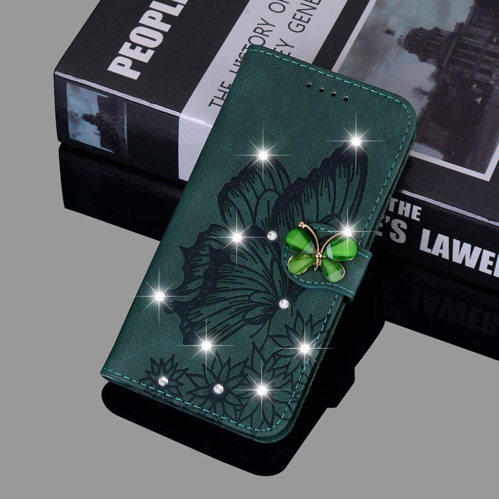 Modern Glitter Leather Flip Wallet Phone Case For iPhone 14 13 12 Pro Max 11 Shiny Green Butterfly Cover Glitter Flip Case Mobile Phone Case PU Leather Magnetic Case Stevvex