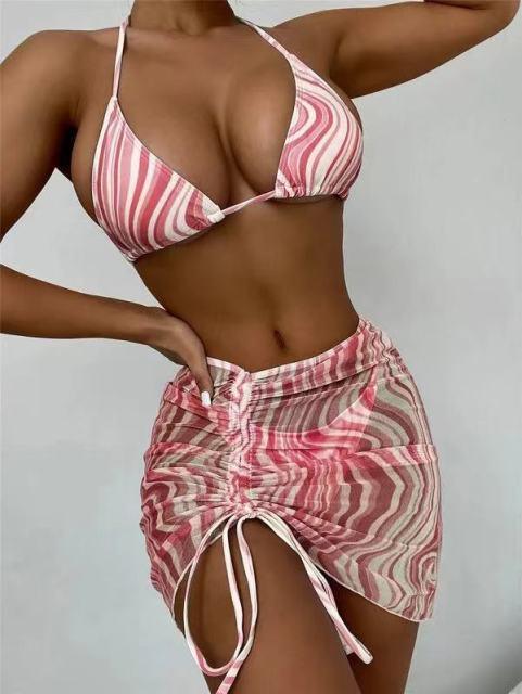Modern Print Bikini Triangle Swimsuit  Bikini 3 Piece Set Women's Swimsuit with Short Mesh Sheer Wrap Cover Ups Beach Skirt Bathing Suit Women Halter Swimwear Women Skirt 3 Pieces Set Elegant Bathing Suit Beach Wear Stevvex