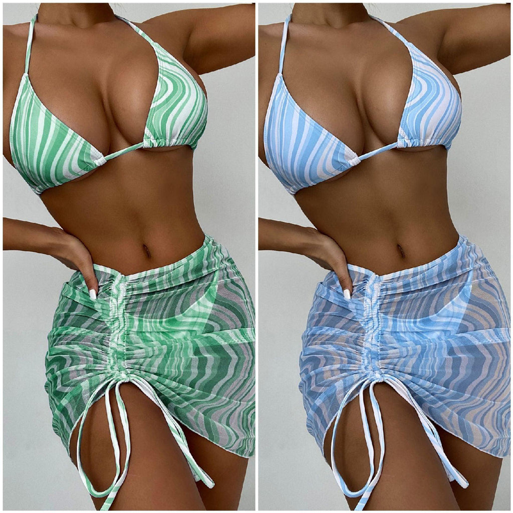 Modern Print Bikini Triangle Swimsuit  Bikini 3 Piece Set Women's Swimsuit with Short Mesh Sheer Wrap Cover Ups Beach Skirt Bathing Suit Women Halter Swimwear Women Skirt 3 Pieces Set Elegant Bathing Suit Beach Wear Stevvex