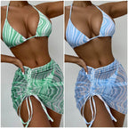 Modern Print Bikini Triangle Swimsuit  Bikini 3 Piece Set Women's Swimsuit with Short Mesh Sheer Wrap Cover Ups Beach Skirt Bathing Suit Women Halter Swimwear Women Skirt 3 Pieces Set Elegant Bathing Suit Beach Wear Stevvex