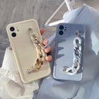 Modern Pure Color Sparkle Strap Luxury Classic Design Solid Color Chain Protective Cover Simple Wrist Chain Phone Case For iPhone 13 Pro Max XS MAX 14 Pro Max XR XS 7 8 Plus SE Soft Shell Cover For Iphone Stevvex