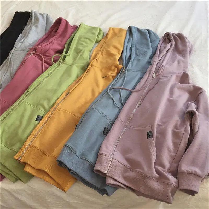 Modern With Hat Hoodies Women  Kangaroo Pocket Casual Loose Solid Color Sweatshirt Female  Fashion New Female Tops Sports Clothing Oversized Zip Hooded Sweatshirt Cotton Women Autumn Hoodie Stevvex