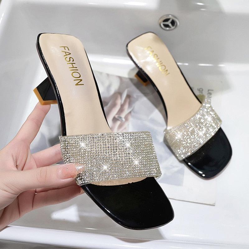 Modern Woman Black Bright Diamond Sandals Open Toe High Heels Women Slippers Party Dress Shoes Sandals Heels For Women Ankle Strap Low Block Heel Cute Dressy Sandals Stevvex