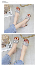 Modern Woman Black Bright Diamond Sandals Open Toe High Heels Women Slippers Party Dress Shoes Sandals Heels For Women Ankle Strap Low Block Heel Cute Dressy Sandals Stevvex