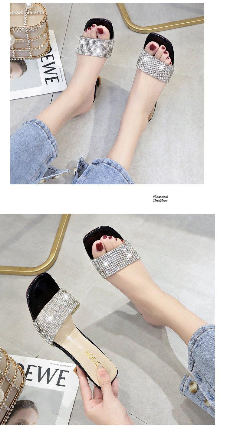 Modern Woman Black Bright Diamond Sandals Open Toe High Heels Women Slippers Party Dress Shoes Sandals Heels For Women Ankle Strap Low Block Heel Cute Dressy Sandals Stevvex
