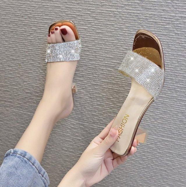 Modern Woman Black Bright Diamond Sandals Open Toe High Heels Women Slippers Party Dress Shoes Sandals Heels For Women Ankle Strap Low Block Heel Cute Dressy Sandals Stevvex