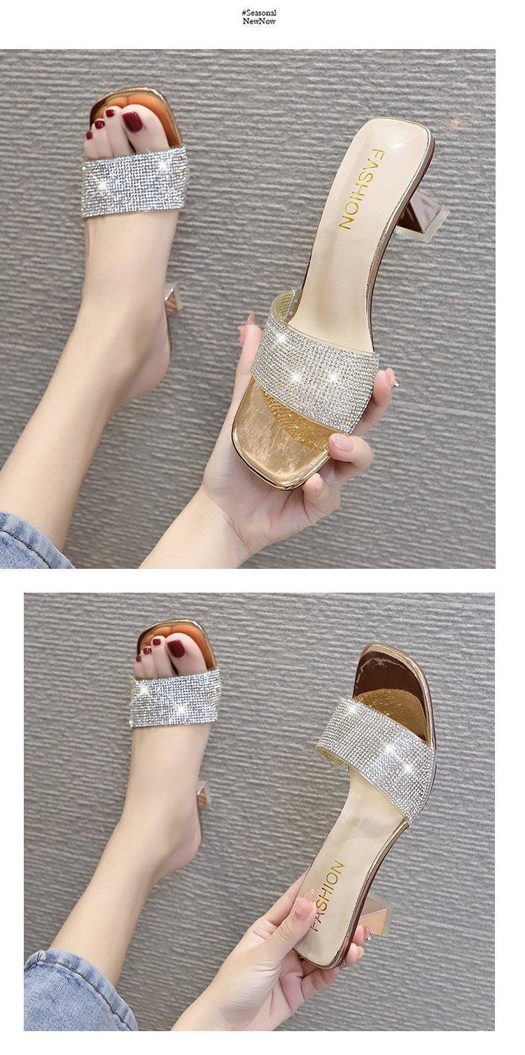 Modern Woman Black Bright Diamond Sandals Open Toe High Heels Women Slippers Party Dress Shoes Sandals Heels For Women Ankle Strap Low Block Heel Cute Dressy Sandals Stevvex