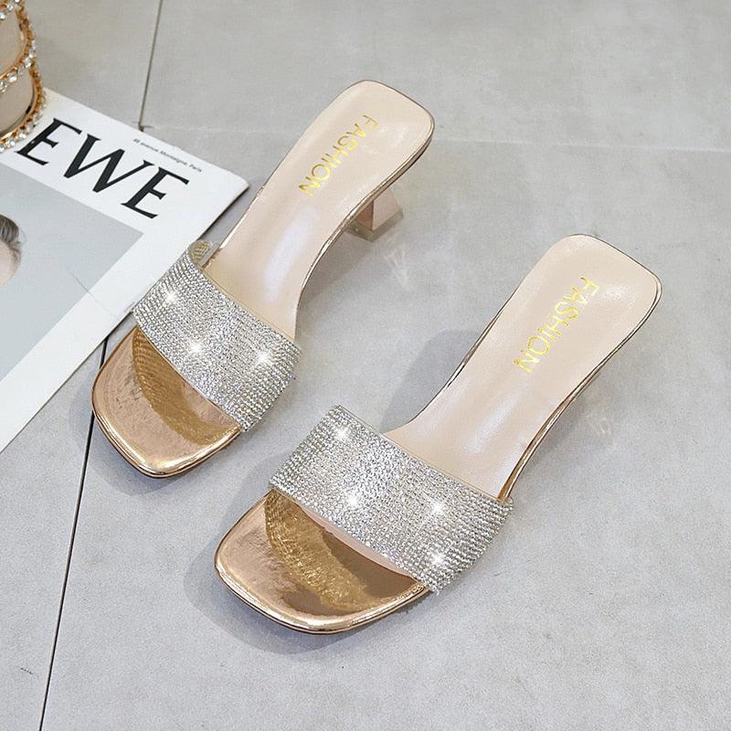 Modern Woman Black Bright Diamond Sandals Open Toe High Heels Women Slippers Party Dress Shoes Sandals Heels For Women Ankle Strap Low Block Heel Cute Dressy Sandals Stevvex
