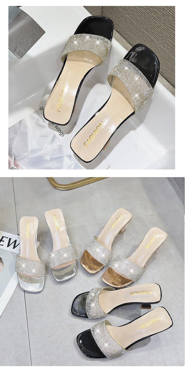 Modern Woman Black Bright Diamond Sandals Open Toe High Heels Women Slippers Party Dress Shoes Sandals Heels For Women Ankle Strap Low Block Heel Cute Dressy Sandals Stevvex