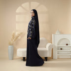 Navy Blue Pleated Abaya Set | Beaded Robe Abaya with Silver Embroidery (MOA168)