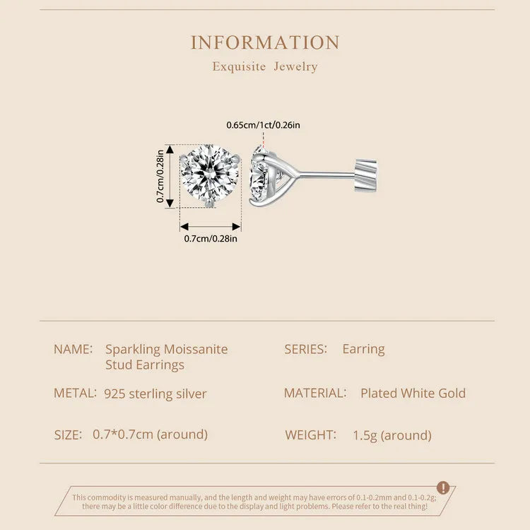 Moissanite 1Ct Round Stud Earrings Screw Back Platinum Plated S925 Minimalist BandsCo Straps
