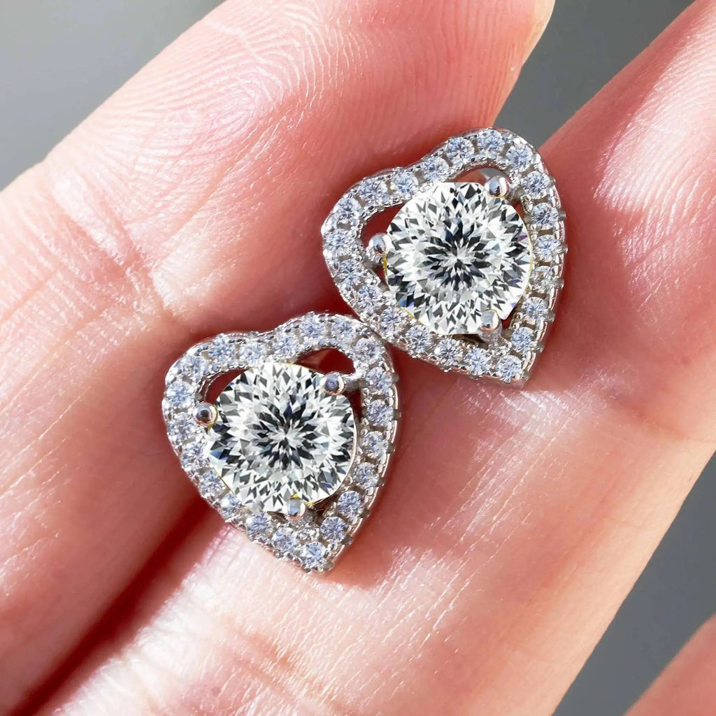Moissanite 2ctw D Color Heart Stud Earrings 1ct Each 925 Sterling Silver BandsCo Straps