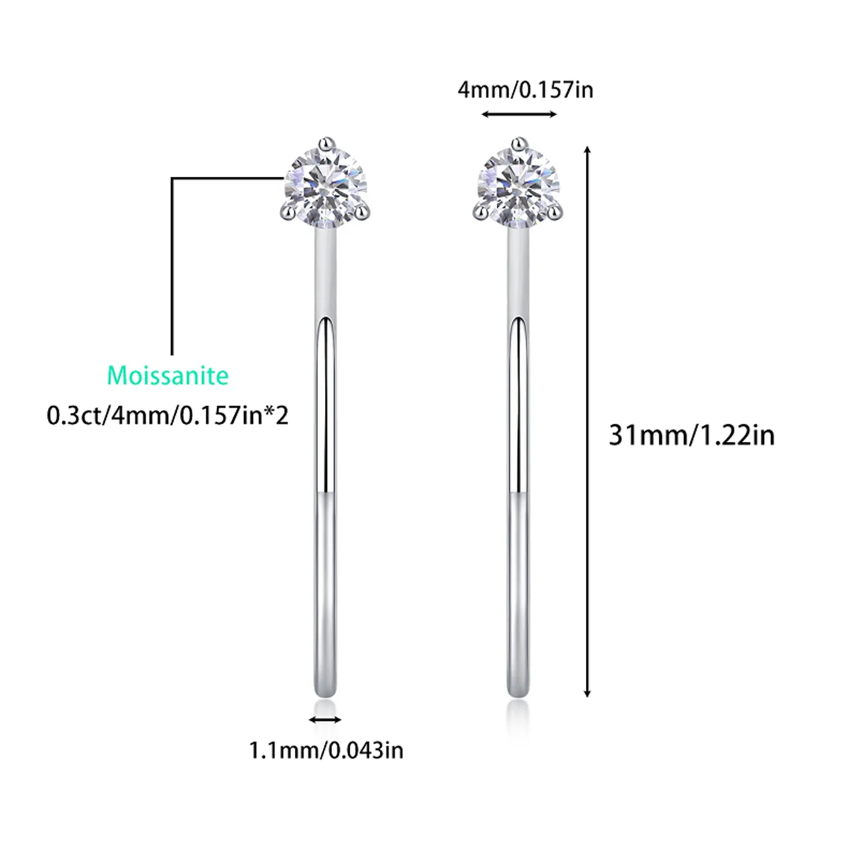 Moissanite 4mm D Color Hoop Earrings 2pc 925 Sterling Silver White Gold BandsCo Straps