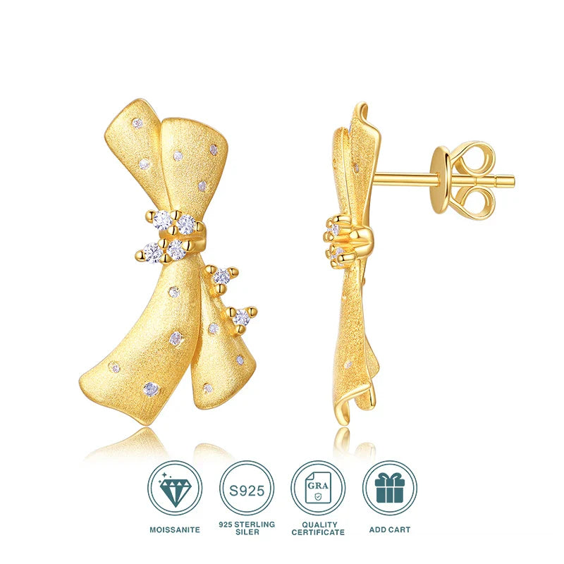 Moissanite 925 Sterling Silver 18K Gold Plated Bow Stud Earrings For Women BandsCo Straps