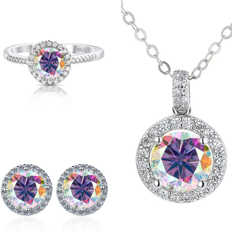 6.5mm Moissanite 925 Sterling Silver Bridal Jewelry Set Ring Earring Pendant BandsCo Straps